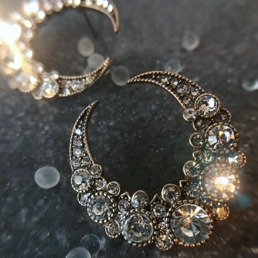 Crescent Moon Earrings Encrusted Rhinestones Large - Picture 4 of 8